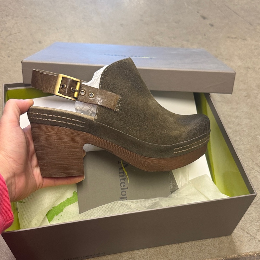 Antelope Olive Suede Slingback Clog Heels with Wood-Look Heel
